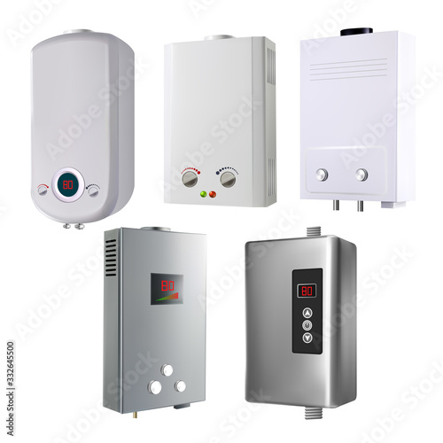 Water Heater House System Collection Set Vector. Blank Different Style Metallic Automatic Smart Gas Heater With Temperature Control And Display. Air Climate Equipment Mockup Realistic 3d Illustrations