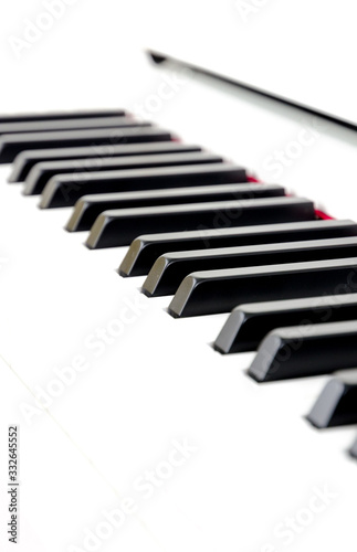 close-up of piano keys. close frontal view, black and white piano keys, viewed from side
