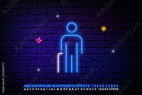 icon of a man with a stick. Elements of disabled icons in neon style. Simple icon for websites, web design, mobile apps .