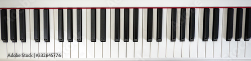 close-up of piano keys. close frontal view, black and white piano keys, viewed from above, top view