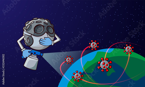 Cartoon moon in medical mask disinfected planet against coronavirus cells COVID-19.