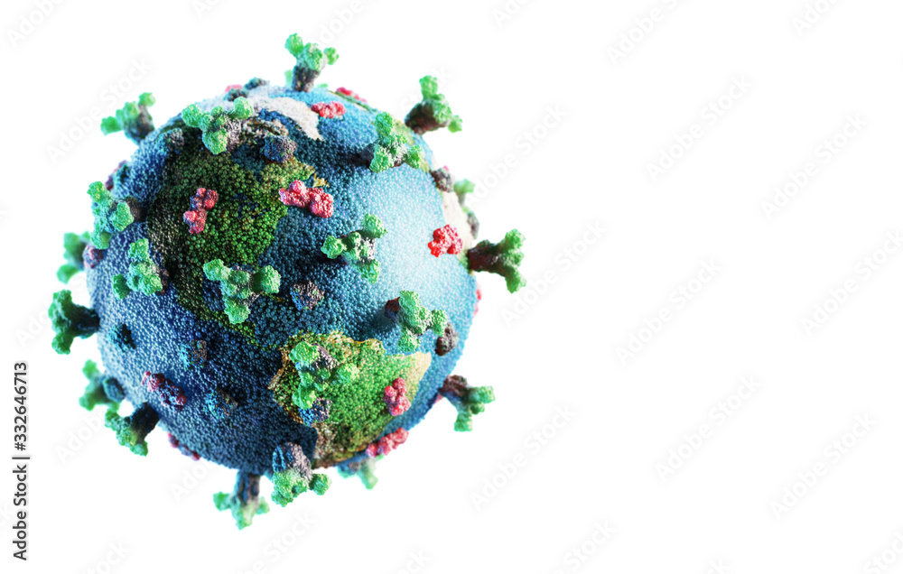 Corona virus SARS-CoV-2 novel coronavirus  concept resposible for covid-19 outbreak and coronaviruses dangerous flu strain pandemia. Microscope virus close up, earth globe model. 3d rendering.