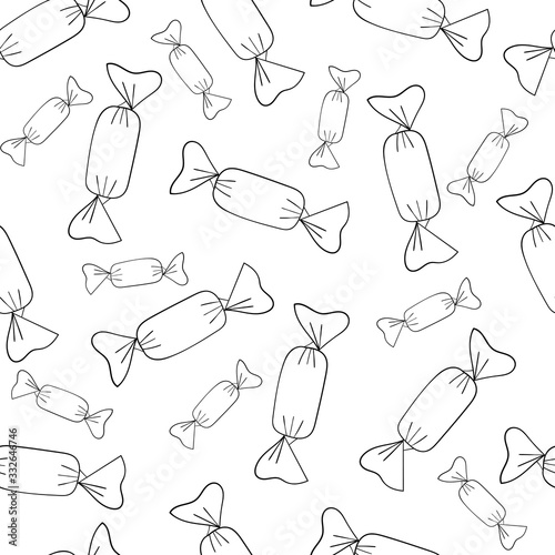 cartoon stylized delicious mouthwatering little candy , isolated, seamless vector black and white pattern on a white background