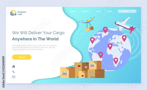 Air transportation, international delivery service landing web page vector. Earth globe and plane, online shopping, distribution or shipping. Quadrocopter and place pointer, parcels illustration