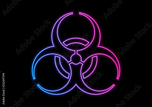Blue purple neon luminous biohazard symbol abstract background