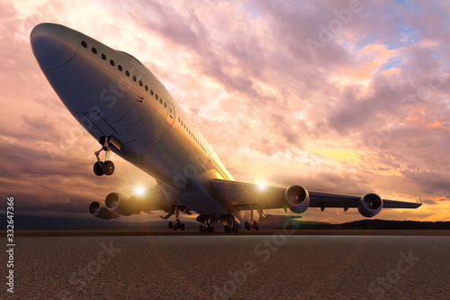 3D rendering of an airplane take-off   Landing at sunset