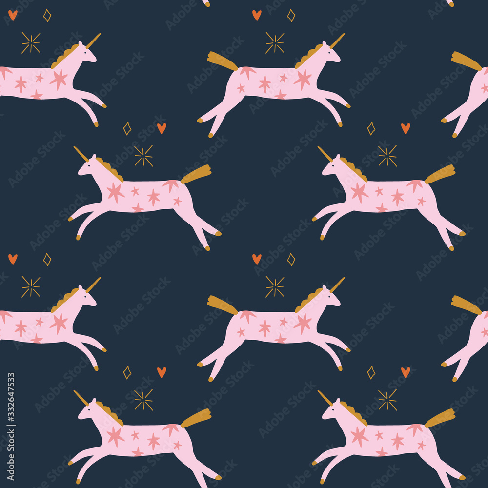 Vector pink cute boho little unicorns. Ornamental illustration. Cosmic pony seamless pattern. Girly nursery design.