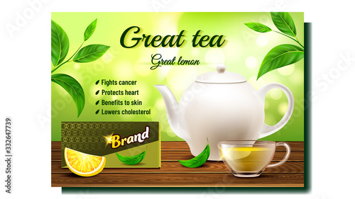 Green Tea Creative Promo Advertising Poster Vector. Tea Cup, Teapot, Lemon Piece, Package And Plant Leaf On Wooden Table. Herbal Energy Drink Concept Template Realistic 3d Illustration