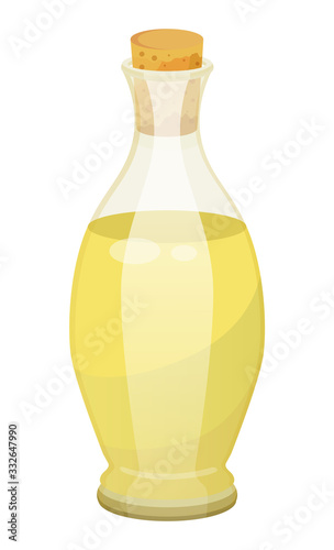 Glass bottle closed with bung with golden liquid inside. Vessel with viscous purified substance used for cooking or hair care. Vegetable, olive or sunflower, oil produced by plant. Vector illustration