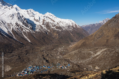 Kyanjin gompa village surrounded by Lantang mountain range, Himalayas mountain range in Nepal