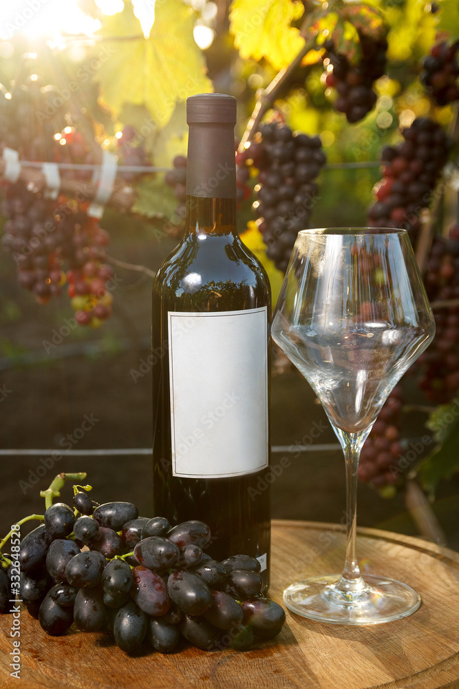 bottle of wine and glass of wine with grapes