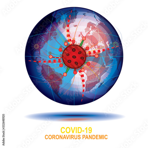 The spread of the coronavirus around the world. Capture of the planet. Globe with world map. Vector illustration concept. COVID-19 cell. photo