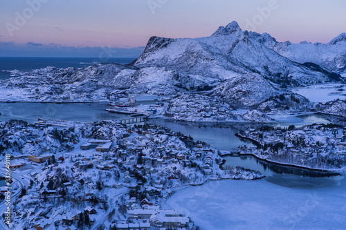 Beautiful morning at Svolvare city in Lofoten island in winter season, Norway, Scandinavia