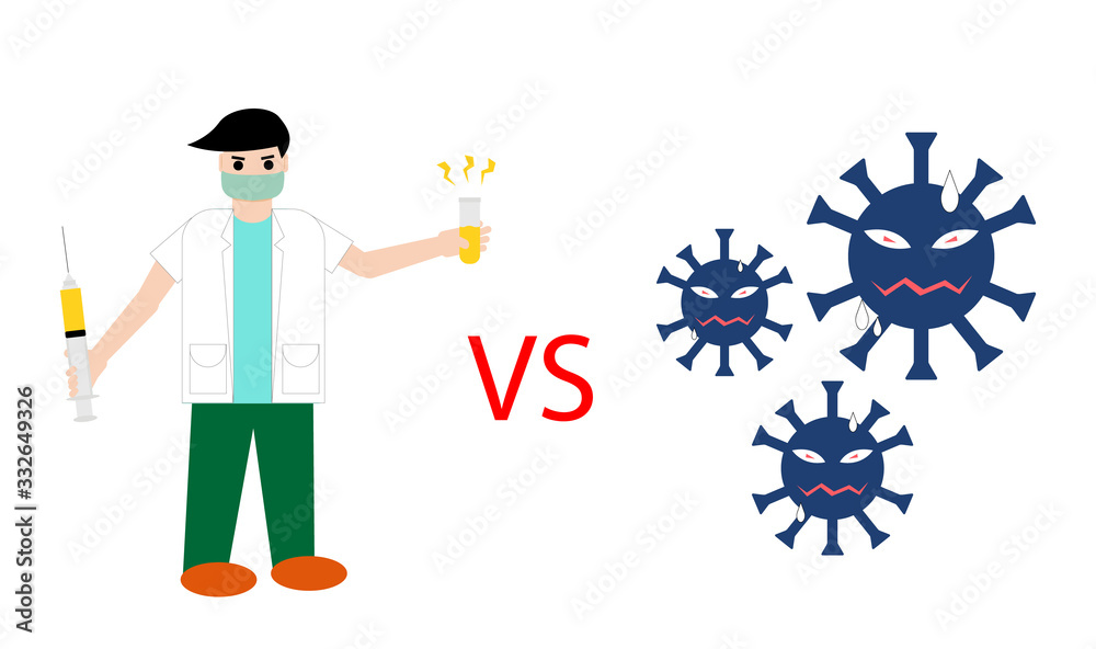 A male scientist discovered a corona virus drug vaccine. holding injections and vaccines vs corona virus icon. Vector Illustration.