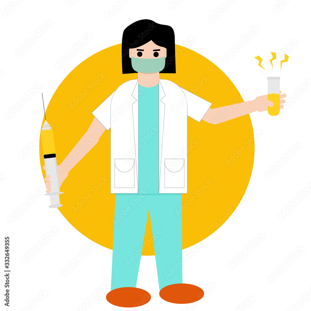 A female scientist discovered a corona virus drug vaccine. holding injections and vaccines. Vector Illustration.