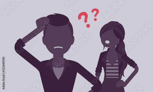 Misunderstanding, communication problem between man, woman. Couple feeling disagreement or quarrel, difference of opinion, failure to talk, marriage psychology. Vector illustration, faceless character