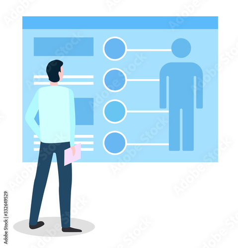 Modern technologies in medical services. Online consultation with doctor. Checkup results on board. Examination of human body stats on screen. Medicine types of equipment, vector in flat style