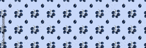 Seamless pattern of grapes isolated on blue. Food background. Flat lay