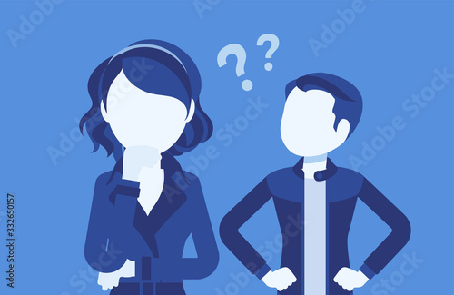 Misunderstanding, communication problem between man, woman. Couple feeling disagreement, quarrel, difference of opinion, failure to talk, marriage psychology. Vector illustration, faceless characters