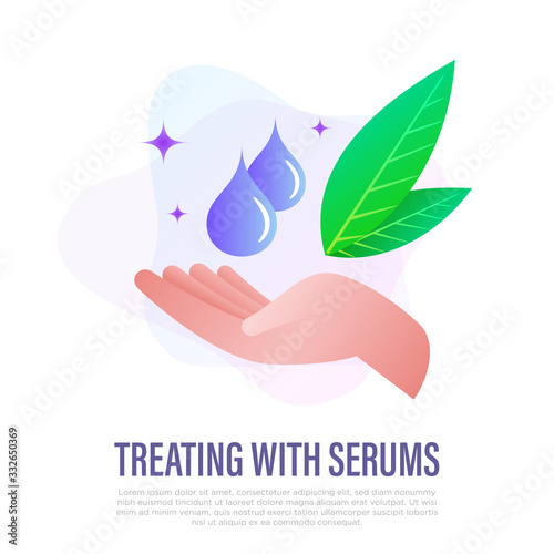 Skin care treatment by serum. Two droplets fall in hand. Gradient icon. Essential oil, collagen, hyaluronic serum. Vector illustration.