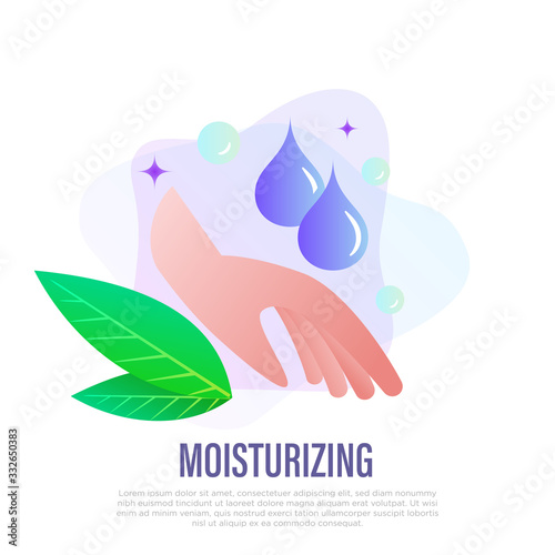 Skin care treatment, moisturizing. Two droplets fall on hand. Gradient icon. Cream, essential oil, collagen, hyaluronic serum. Vector illustration.