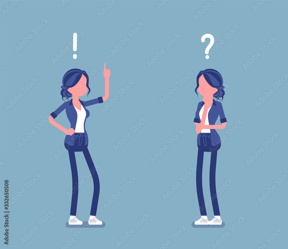 Problem, solution, woman thinking, question, exclamation mark. Girl in problems analysis, finding efficient solving approaches, learning, understanding methods. Vector illustration, faceless character Problem, solution, woman thinking, question, exclamation mark. Girl in problems analysis, finding efficient solving approaches, learning, understanding methods. Vector illustration, faceless character