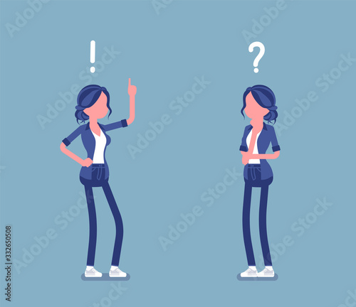 Problem, solution, woman thinking, question, exclamation mark. Girl in problems analysis, finding efficient solving approaches, learning, understanding methods. Vector illustration, faceless character