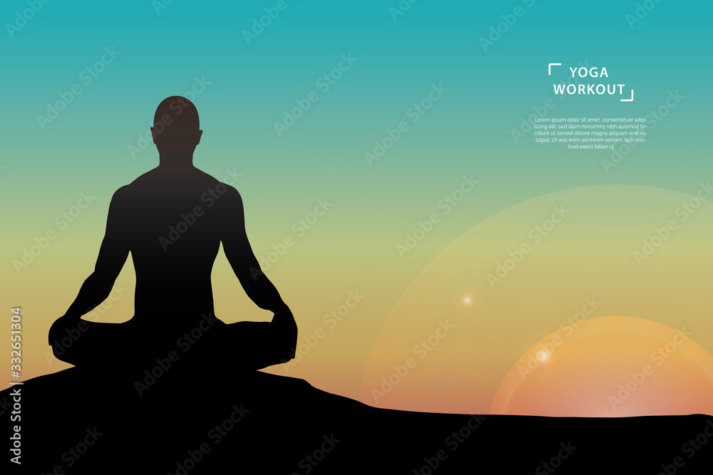 Yoga workout poster template. Man silhouette in lotus- meditation pose on sunset background