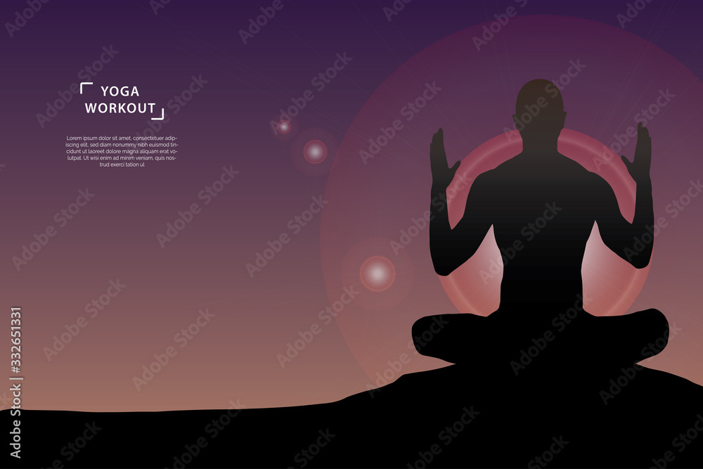 Fototapeta premium Yoga workout poster template. Man silhouette in lotus- meditation pose on sunset background in circle of light