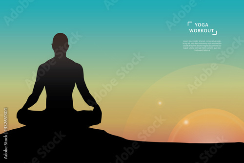 Yoga workout poster template. Man silhouette in lotus- meditation pose on sunset background