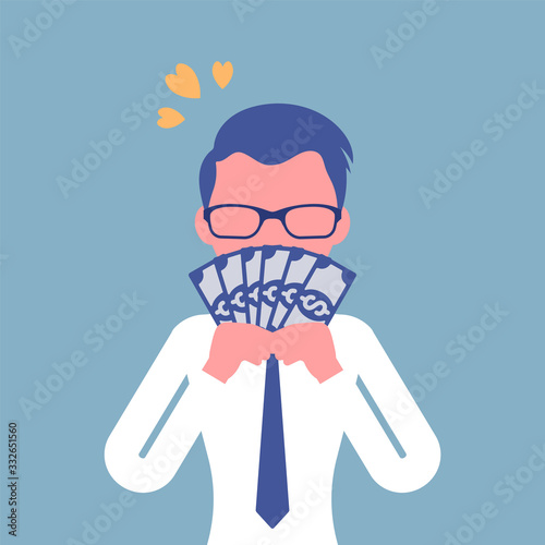 Big money love, man adoring dollar banknotes. Happy prosperous person enjoying good financial life, high earnings, profit, dreaming of wealth, winning lottery. Vector illustration, faceless character