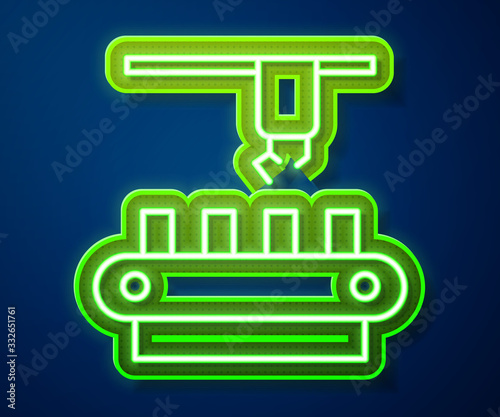 Glowing neon line Factory conveyor system belt icon isolated on blue background. Robot industry concept. Vector Illustration