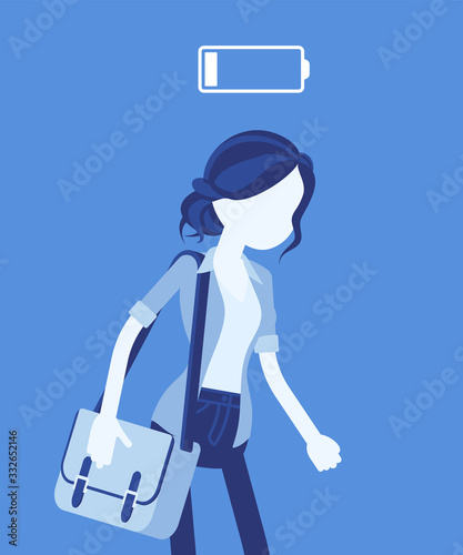 Discharged woman, low power battery. Empty weary girl, feeling tired, fatigued after working, extremely bored unmotivated employee, lack of energy, enthusiasm. Vector illustration, faceless character