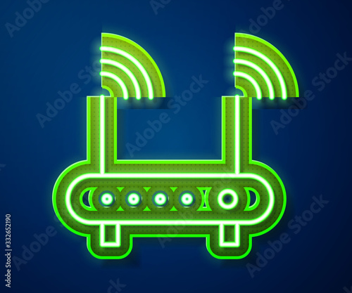 Glowing neon line Router and wi-fi signal symbol icon isolated on blue background. Wireless ethernet modem router. Computer technology internet. Vector Illustration