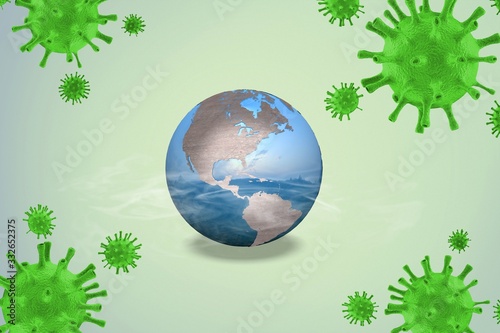 Corona virus attack concept. Earth planet and virus molecule