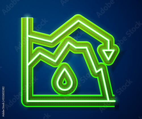 Glowing neon line Drop in crude oil price icon isolated on blue background. Oil industry crisis concept. Vector Illustration