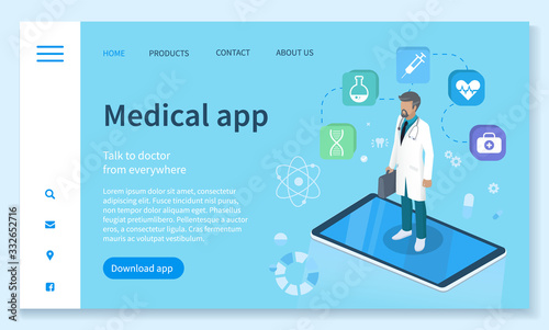 Online medical consultation responsive landing page design vector. Medical equipment services app for healthcare homepage template. Doctor in robe with stethoscope, medical icons illustration