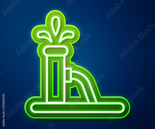 Glowing neon line Oil pump or pump jack icon isolated on blue background. Oil rig. Vector Illustration