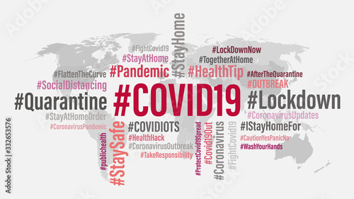 COVID19 world hashtag background concept. COVID 19 and Coronavirus word cloud word tag on world map background. Abstract concept Corona virus disease. Vector illustration