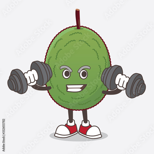Jackfruit cartoon mascot character on fitness exercise trying barbells