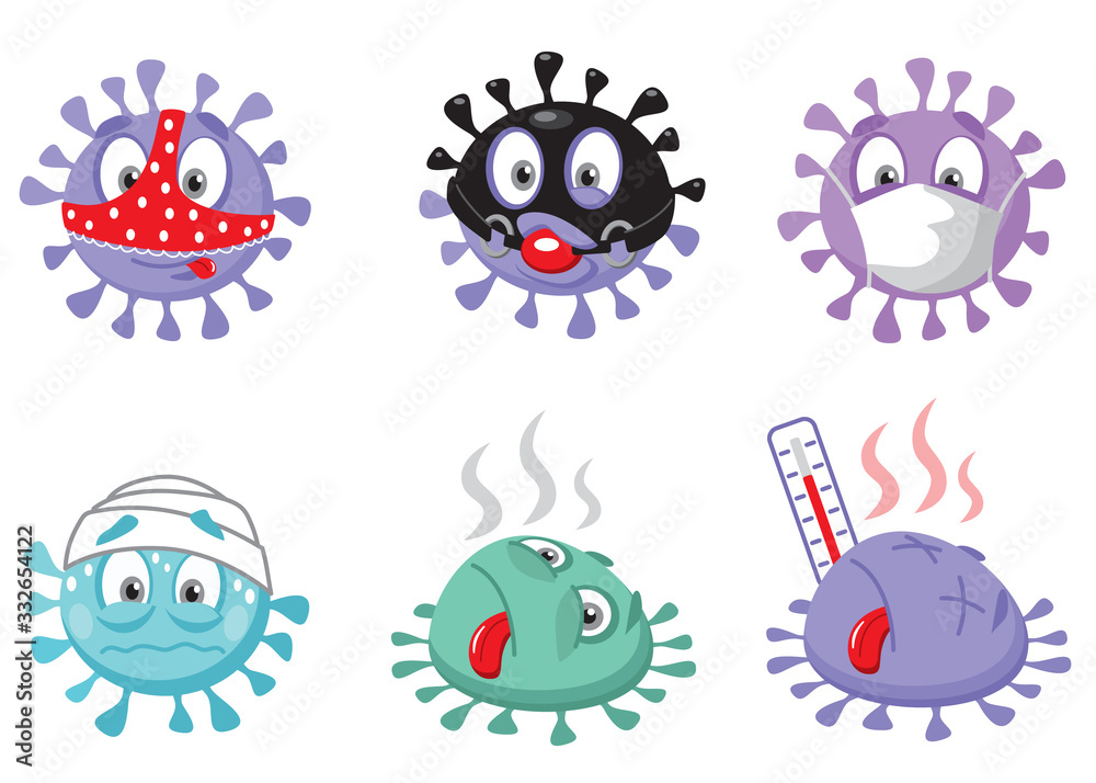 Funny coronavirus Covid 19 set. Vector flat style cartoon character illustration. Isolated on white background. Virus icon. Funny coronavirus Covid 19 set. Vector flat style cartoon character illustration. Isolated on white background. Virus icon.