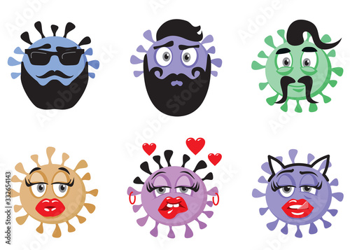 Funny coronavirus Covid 19 set. Vector flat style cartoon character illustration. Isolated on white background. Virus icon.