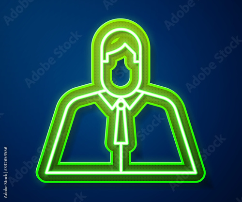 Glowing neon line Lawyer, attorney, jurist icon isolated on blue background. Jurisprudence, law or court icon. Vector Illustration