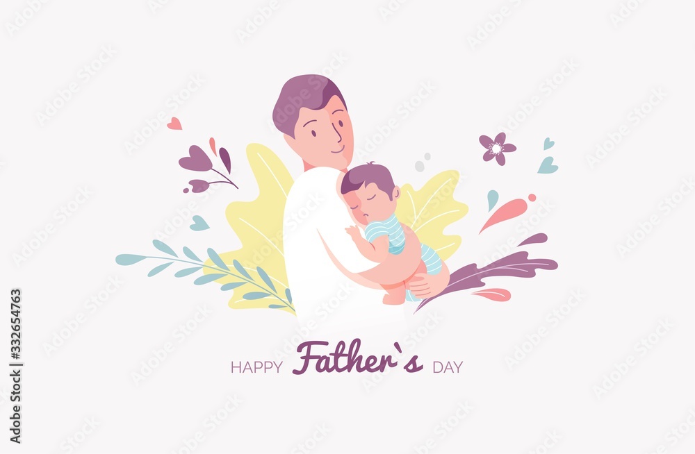 Vector Illustration Of Father Holding Baby Son In Arms. Happy Father`s Day Greeting Card.