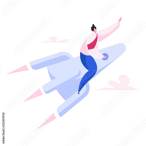 Positive entrepreneur flying modern rocket. Flat vector illustration