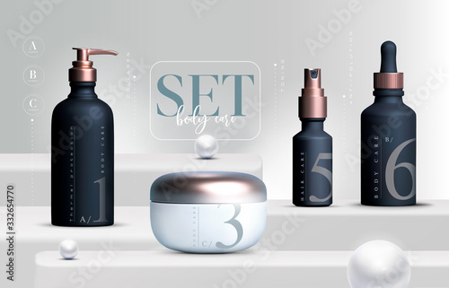 Vector 3D elegant cosmetic products set background premium cream jar packaging for skin care. Luxury facial cream. Cosmetic ads flyer or banner design. Cosmetic cream template. Makeup products brand.