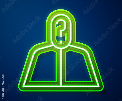 Glowing neon line Anonymous man with question mark icon isolated on blue background. Unknown user, incognito profile, business secrecy, obscurity. Vector Illustration