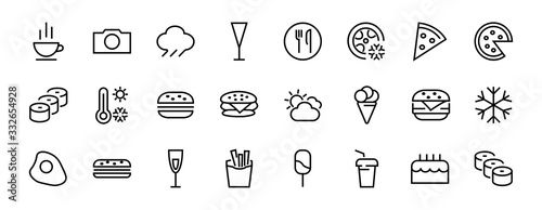 A simple set of fast food icons related to the vector line. Contains icons such as pizza, burger, sushi, bike, scrambled eggs and more. EDITABLE stroke. 480x480 pixels perfect, EPS 10