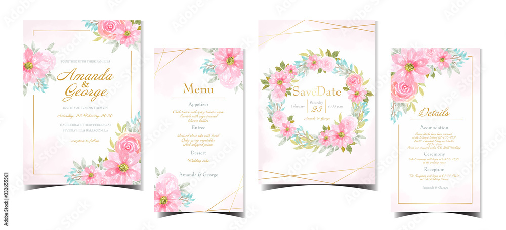 set of watercolor floral wedding invitation with gorgeous pink flowers