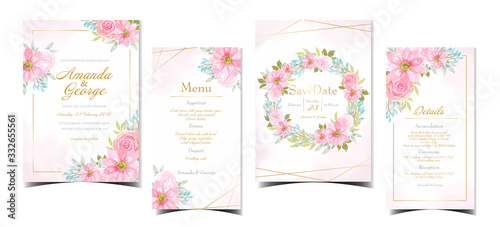 set of watercolor floral wedding invitation with gorgeous pink flowers